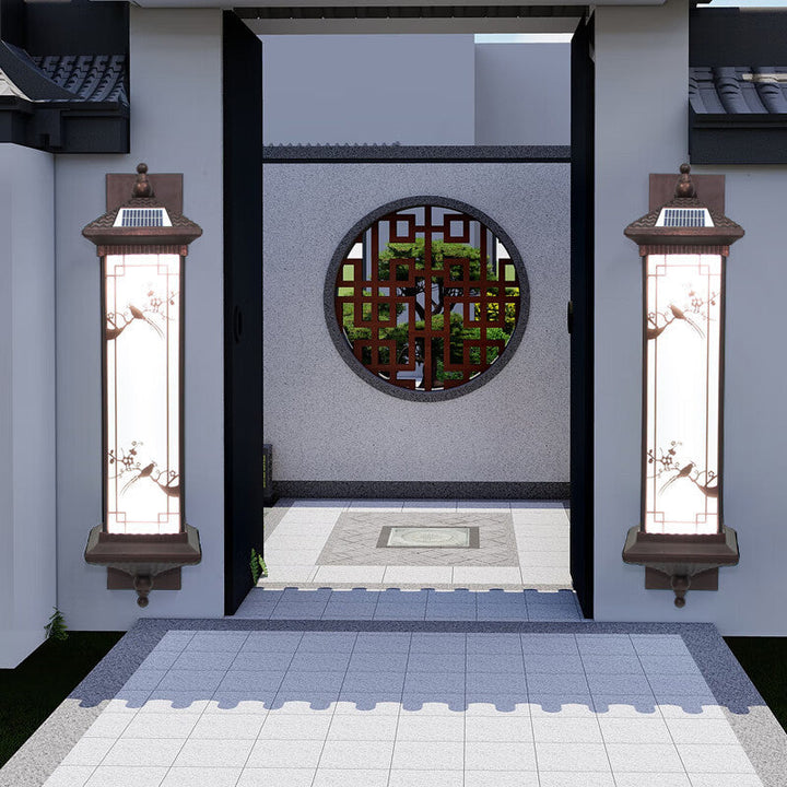 Traditionelle chinesische rechteckige Aluminium-Glas-Solar-LED-Wandleuchte für Garten | Karnz