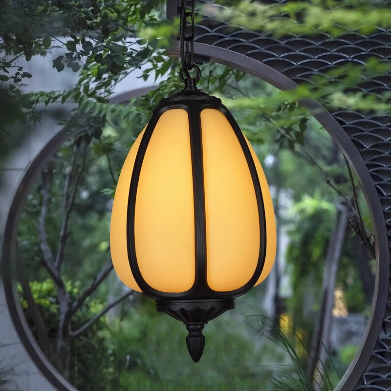 Traditionelle chinesische wasserdichte Aluminium-PC-Dolomit elliptische Kürbis 1-Licht Pendelleuchte für Außenpatio | Karnz