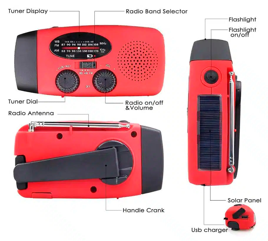 Notfallradio FM/AM mit integrierten Solarzellen, Taschenlampe, Powerbank & Handkurbel | Karnz