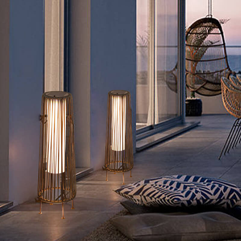 Modern Shabby Chic Solar Rund Trapezförmiges Eisen Rattan Korb LED Außenleuchte Für Außenpatio | Karnz