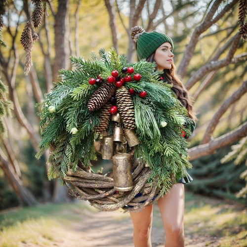 Weihnachtskranz | Boho-Stil | Rustikaler Rankenkranz mit Tannenzapfen und goldenen Glöckchen