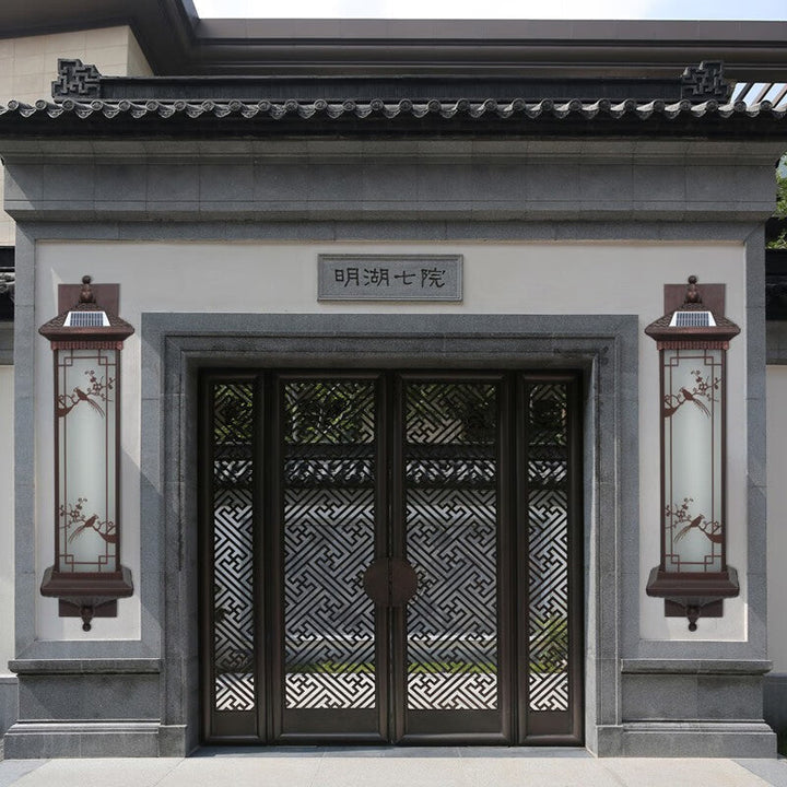Traditionelle chinesische rechteckige Aluminium-Glas-Solar-LED-Wandleuchte für Garten | Karnz