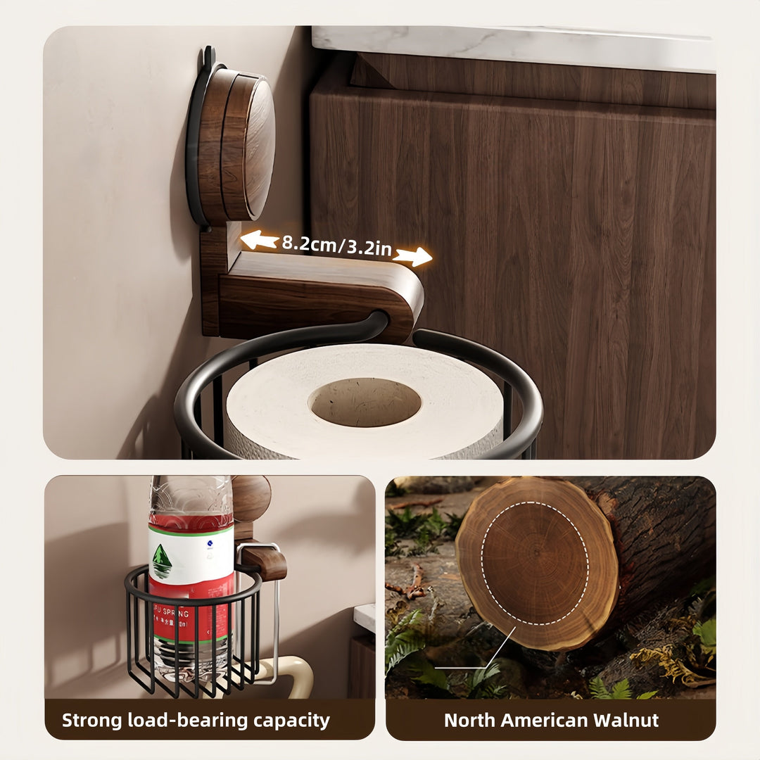 Walnut wood toilet paper holder – hole-free with suction cup | Karnz