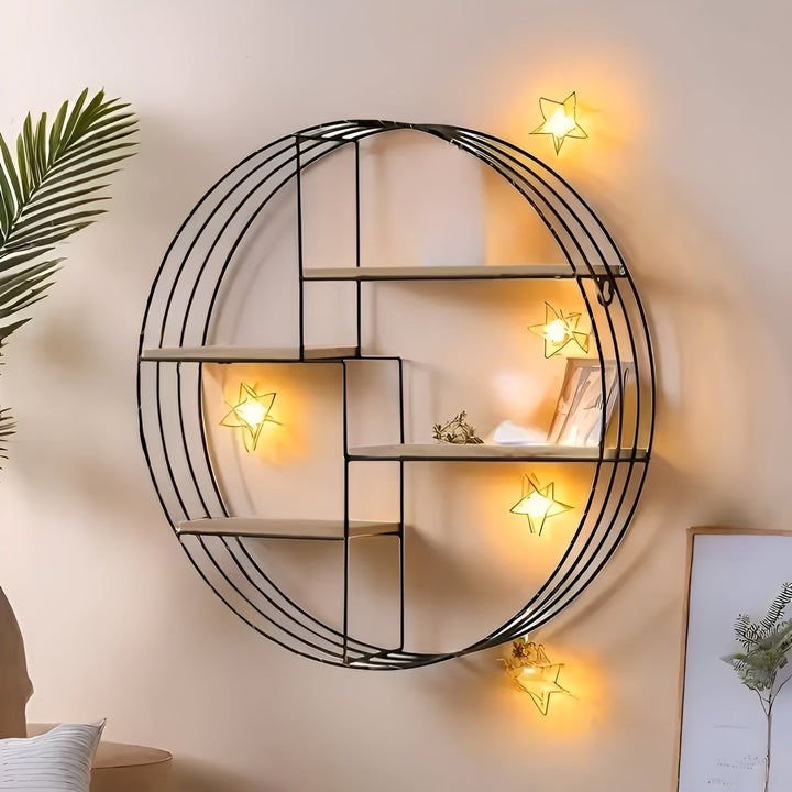 Runde Wandregal mit 4 Ebenen – Retro-Design aus Holz & Metall | Dekorativer Hängeregal für Wohnzimmer, Badezimmer & Schlafzimmer | Karnz