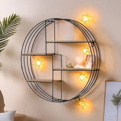 Runde Wandregal mit 4 Ebenen – Retro-Design aus Holz & Metall | Dekorativer Hängeregal für Wohnzimmer, Badezimmer & Schlafzimmer | Karnz