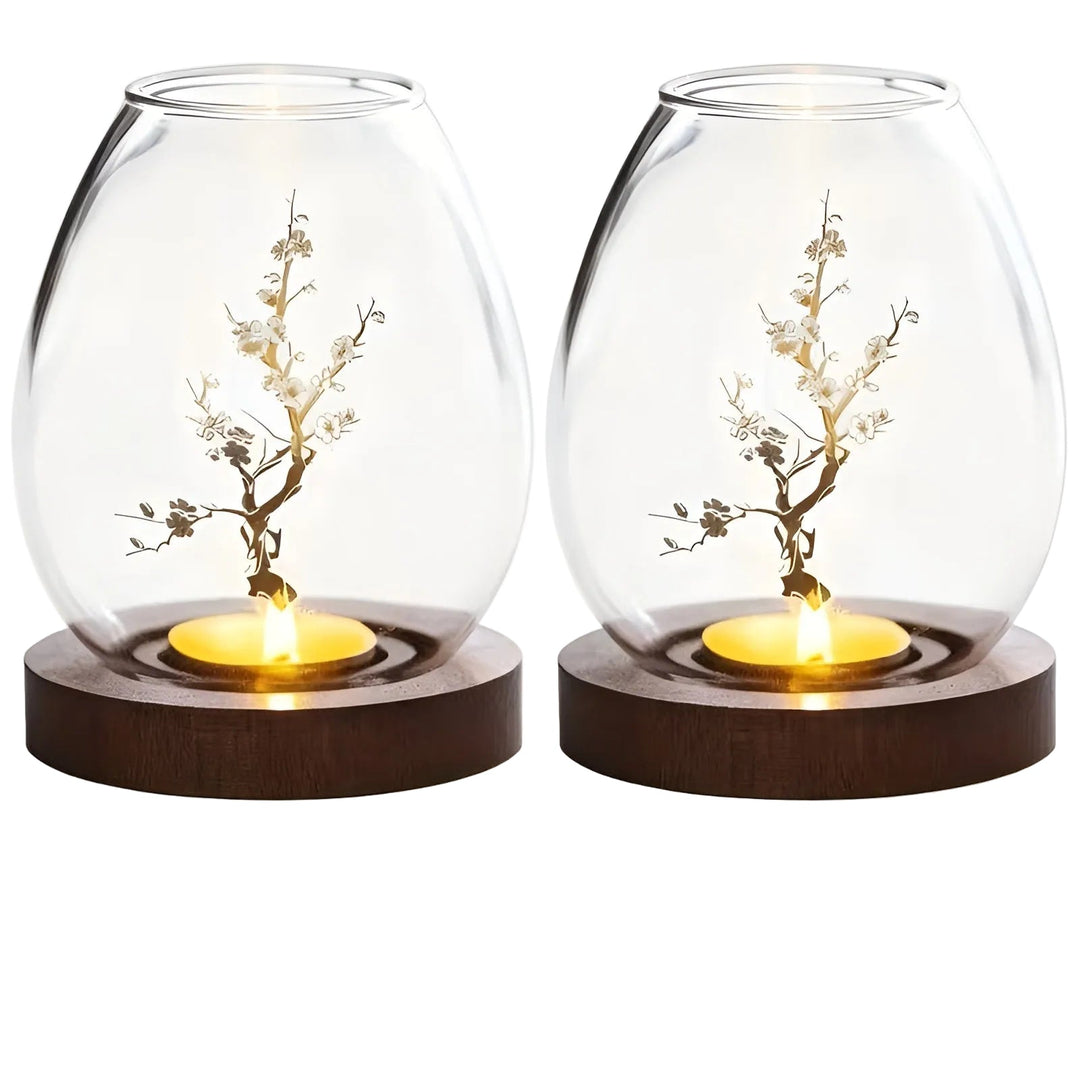 2-teiliges Set aus Glas-Teelichtern mit Holzsockel - dekorativ im retro Zen-Stil | perfekt für das Wohnzimmer, Tischdekoration und im Freien | Karnz
