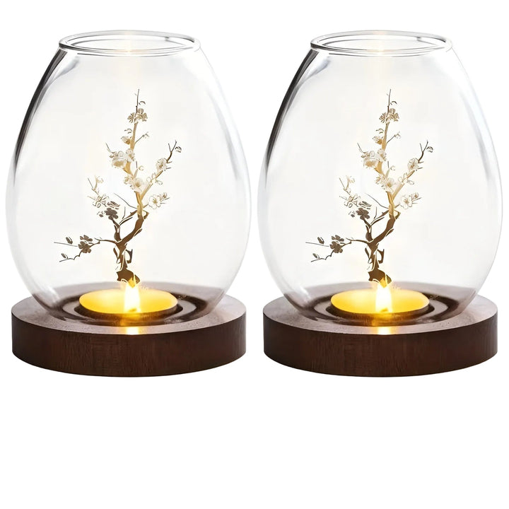 2-teiliges Set aus Glaskerzenhaltern mit Holzsockel – dekorativ im Retro-Zen-Stil | Perfekt für Wohnzimmer, Terrasse und Außenbereich