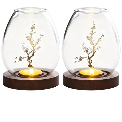 2-teiliges Set aus Glas-Teelichtern mit Holzsockel - dekorativ im retro Zen-Stil | perfekt für das Wohnzimmer, Tischdekoration und im Freien | Karnz