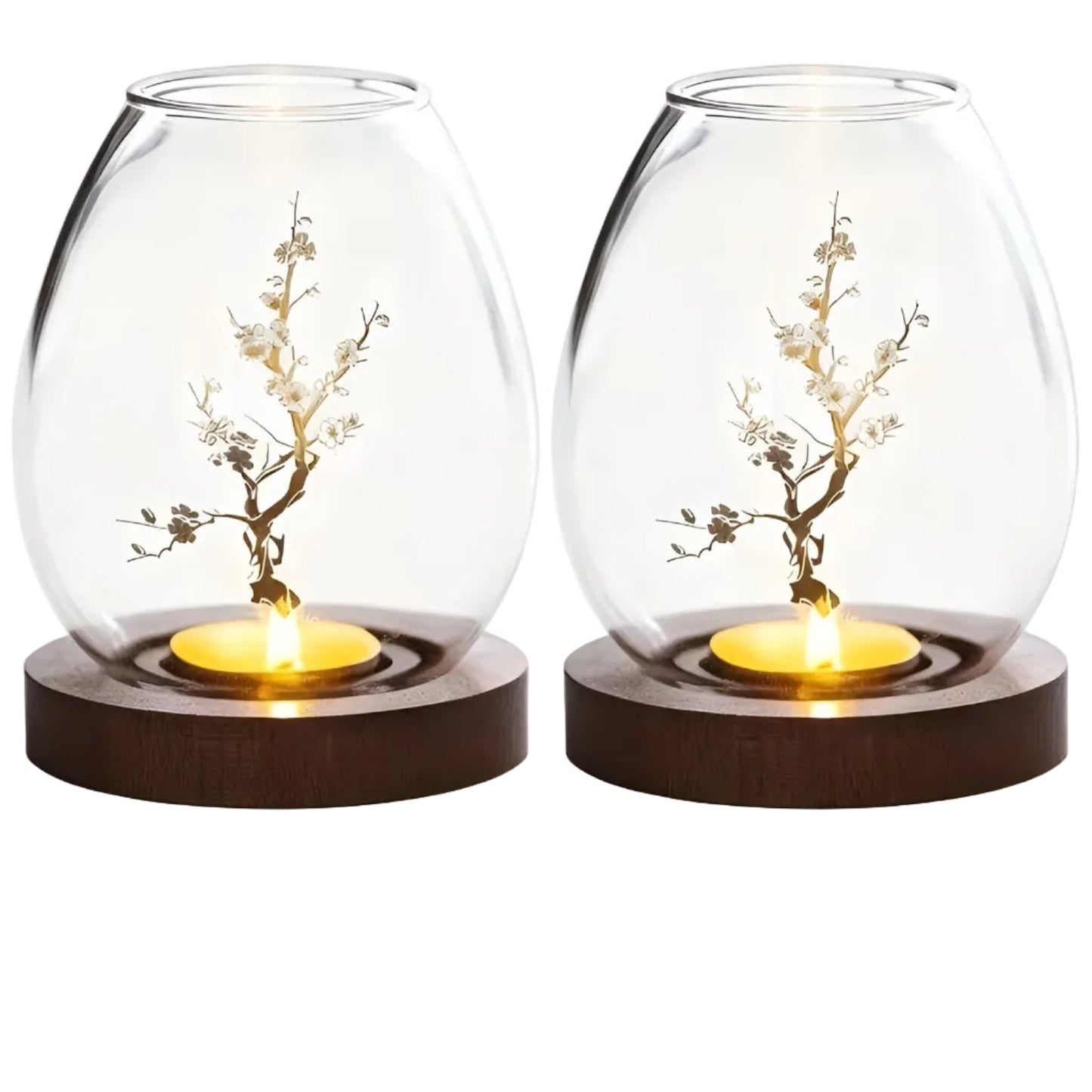 2-teiliges Set aus Glaskerzenhaltern mit Holzsockel – dekorativ im Retro-Zen-Stil | Perfekt für Wohnzimmer, Terrasse und Außenbereich