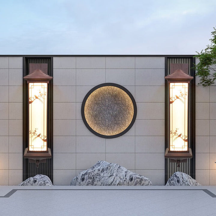 Traditionelle chinesische rechteckige Aluminium-Glas-Solar-LED-Wandleuchte für Garten | Karnz