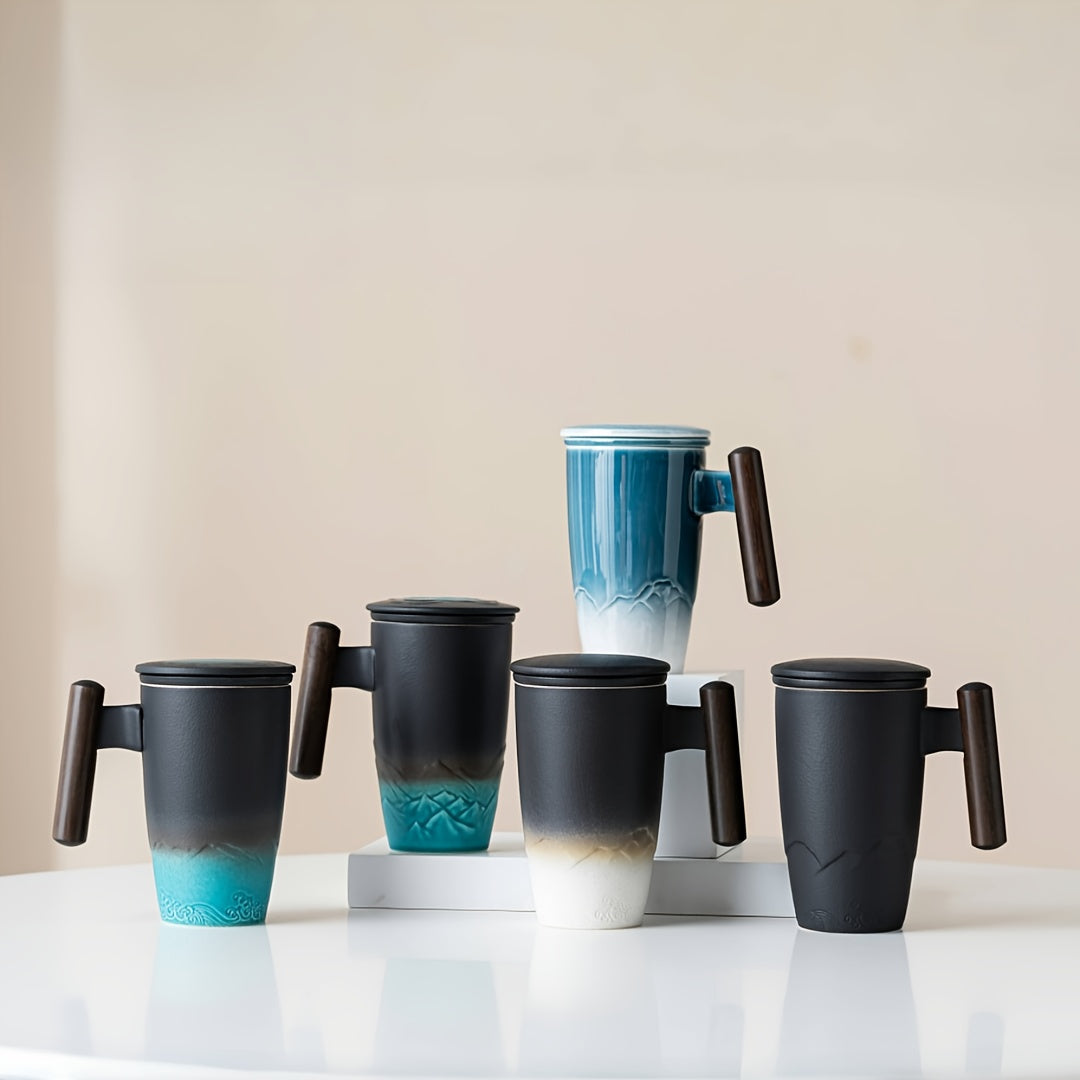 Karnz | TeaCraft Ceramic Mug | Handcrafted | With Tea Filter and Wooden Handle | Retro Design