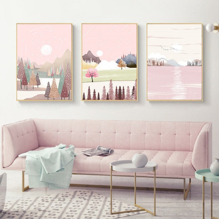 Traumhafte rosa Landschaft - Leinwand Wandkunst Gemälde