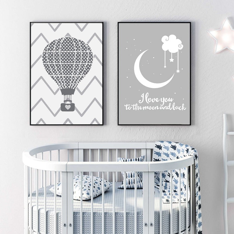 Kinderzimmer-Poster „Ich liebe dich bis zum Mond und zurück“ mit Heißluftballon