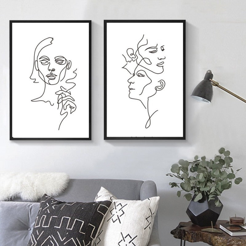 Abstract Love Kiss Schwarz und Weiß Linien Poster - Leinwand Wandkunst Gemälde