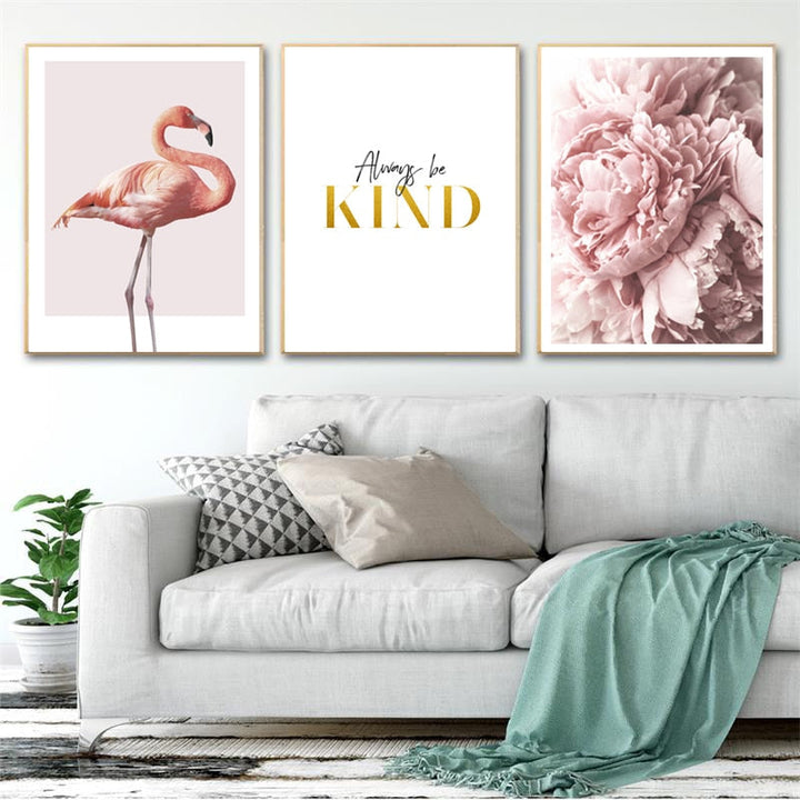 Modernes Leinwandbild mit rosa Flamingos und Pfingstrosen