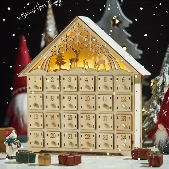 Beleuchteter Holz-Adventskalender im Hütten-Design