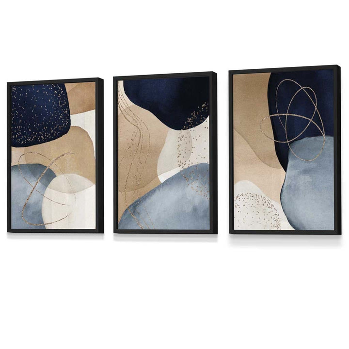 Abstrakte blaue, beige und goldene Formen – 3er-Set gerahmte Wandbilder
