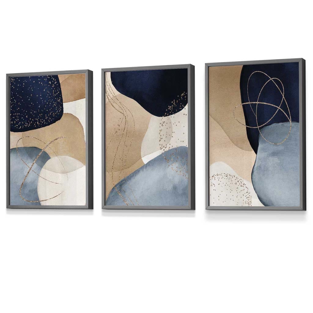 Abstrakte blaue, beige und goldene Formen – 3er-Set gerahmte Wandbilder
