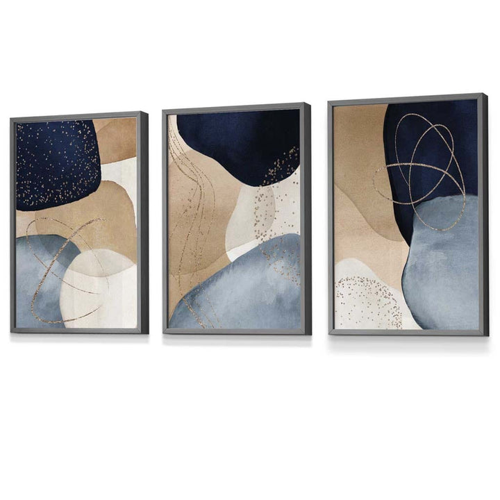 Abstrakte blaue, beige und goldene Formen – 3er-Set gerahmte Wandbilder