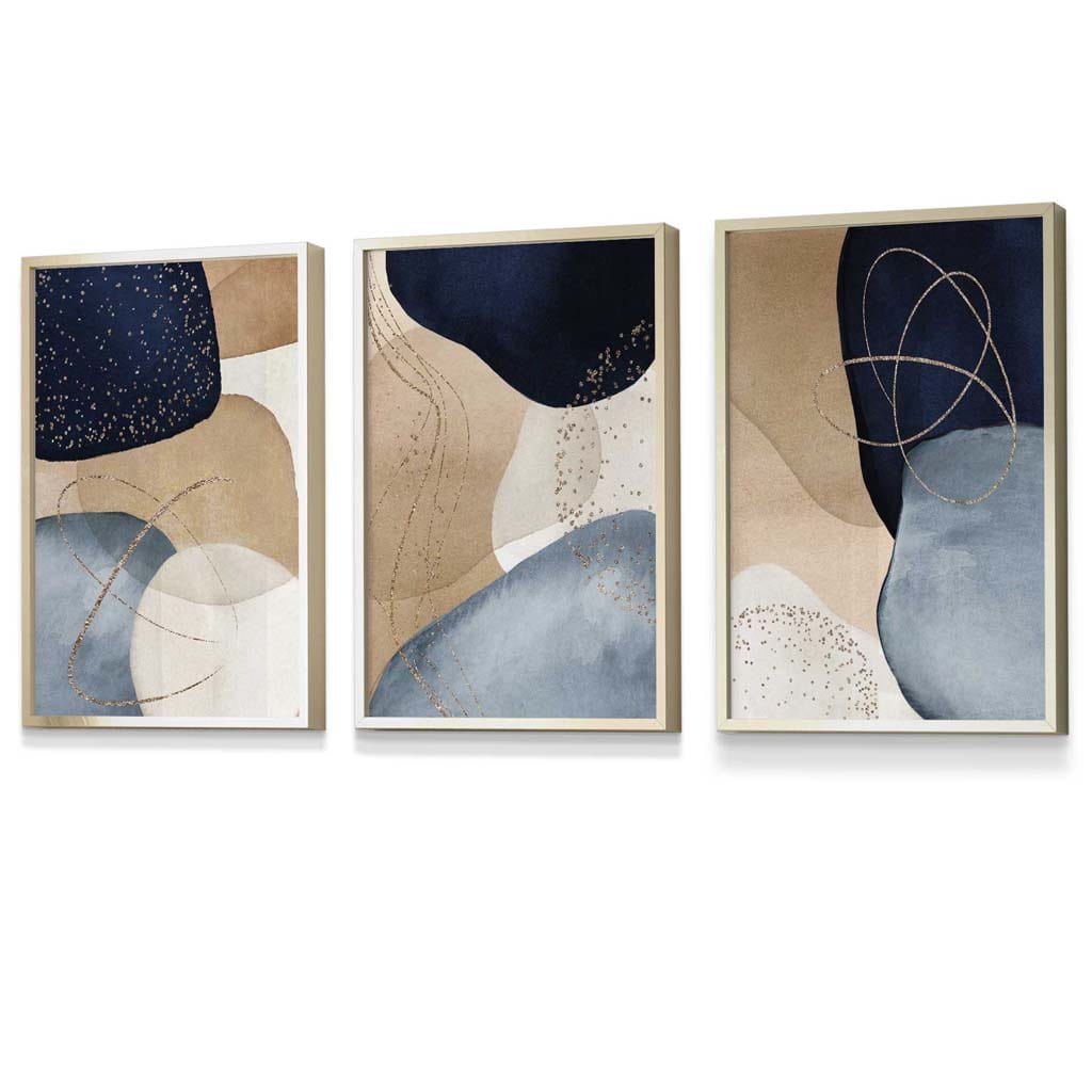 Abstrakte blaue, beige und goldene Formen – 3er-Set gerahmte Wandbilder