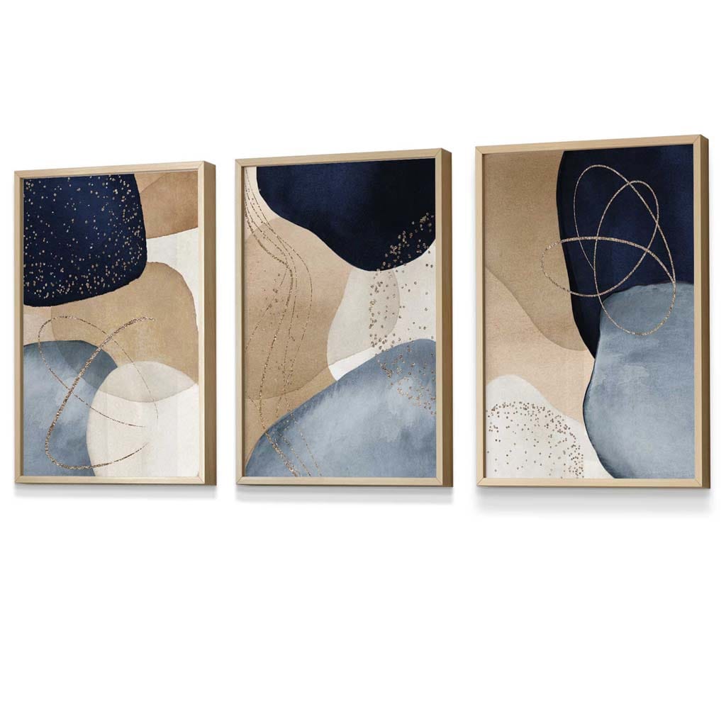 Abstrakte blaue, beige und goldene Formen – 3er-Set gerahmte Wandbilder