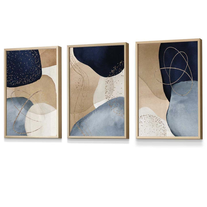 Abstrakte blaue, beige und goldene Formen – 3er-Set gerahmte Wandbilder