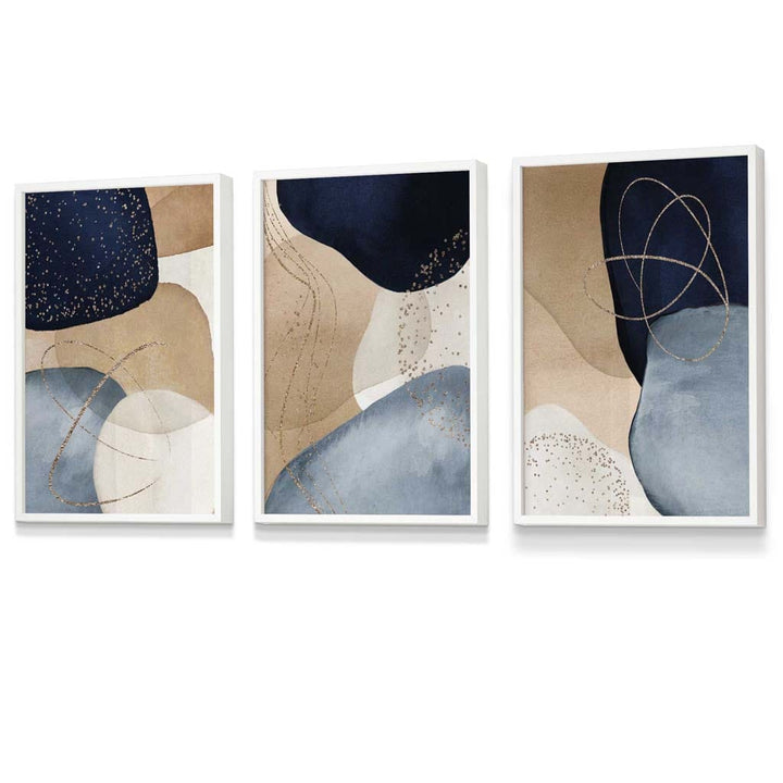 Abstrakte blaue, beige und goldene Formen – 3er-Set gerahmte Wandbilder