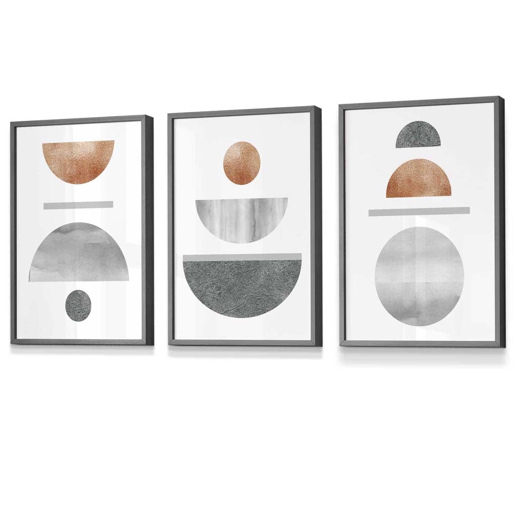 Kupfer und Grau Abstraktes geometrisches Mid-Century-Design, 3-teiliges gerahmtes Wandbild-Set