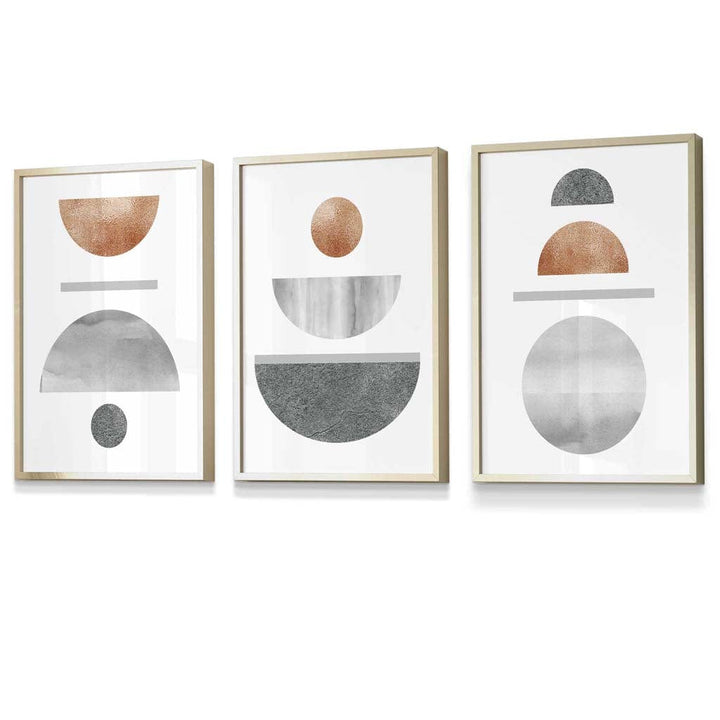 Kupfer und Grau Abstraktes geometrisches Mid-Century-Design, 3-teiliges gerahmtes Wandbild-Set
