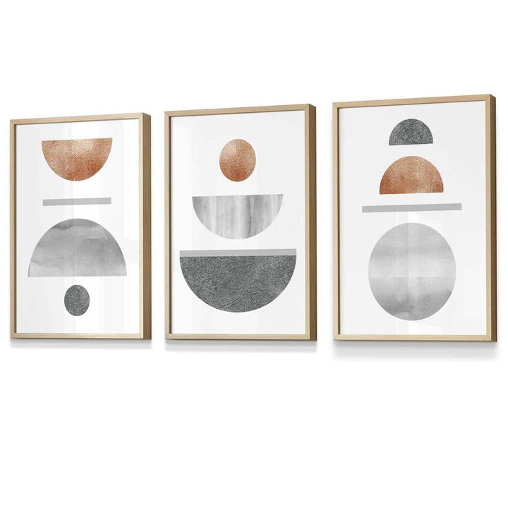 Kupfer und Grau Abstraktes geometrisches Mid-Century-Design, 3-teiliges gerahmtes Wandbild-Set