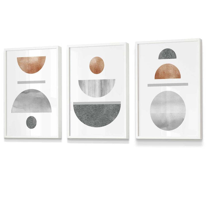 Kupfer und Grau Abstraktes geometrisches Mid-Century-Design, 3-teiliges gerahmtes Wandbild-Set