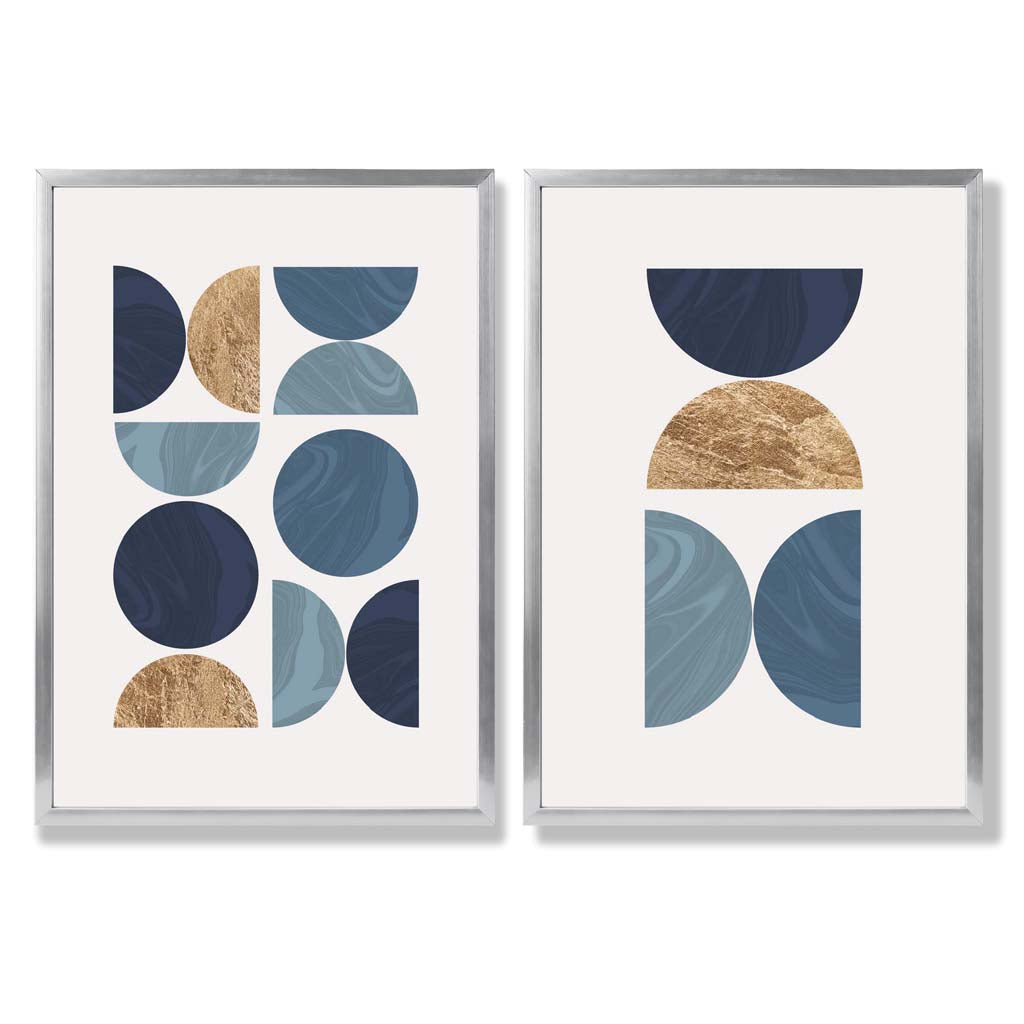 Set mit 2 Kunstdrucken im geometrischen Mid-Century-Stil in Blau und Gold