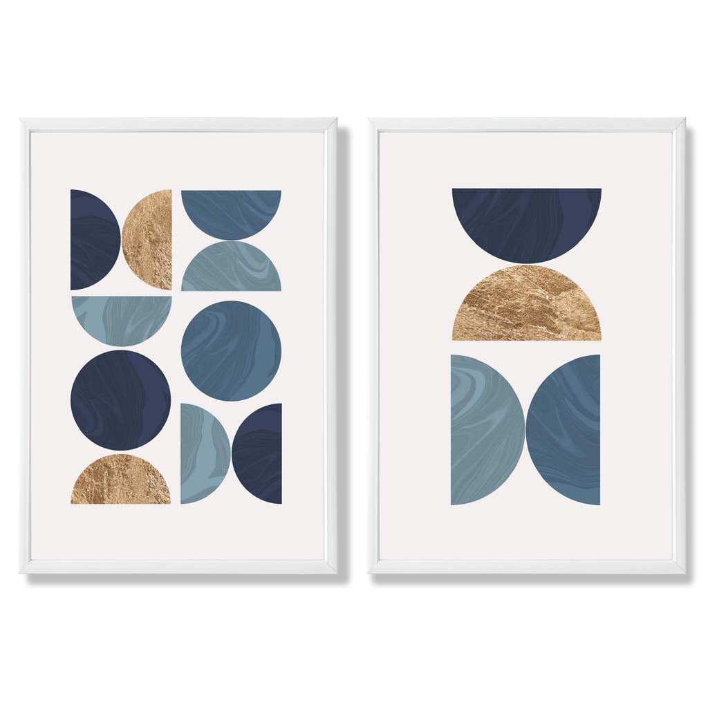 Set mit 2 Kunstdrucken im geometrischen Mid-Century-Stil in Blau und Gold