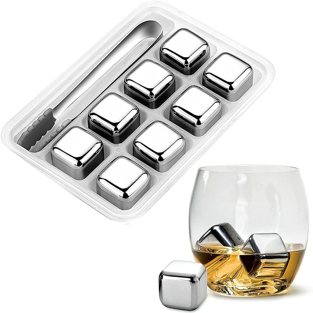 Edelstahl-Eiswürfel, wiederverwendbare Eiswürfel-Set mit Silikonkopf-Zangen und Eiswürfelschalen - Packung von (8) Karnz