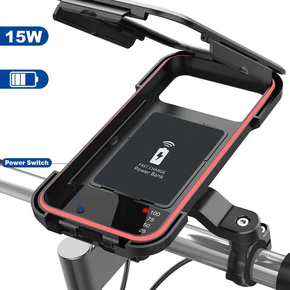 RideCharge Pro – Wasserdichter Handyhalter mit USB und 15W kabellosem Laden für Bike und E-Bike | Karnz