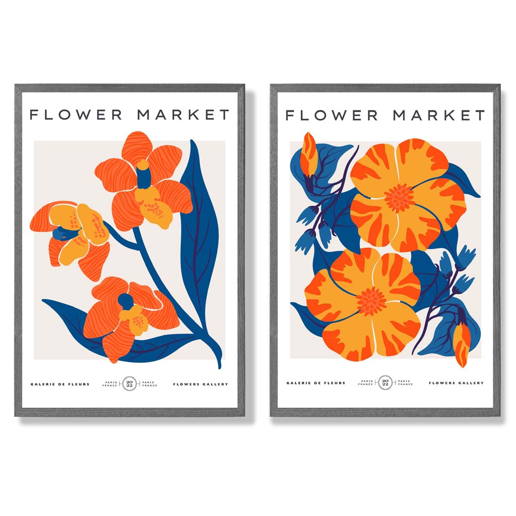 Set aus 2 gerahmten Kunstdrucken mit dem Motiv „Frühlingsblumenmarkt“ in leuchtendem Orange und Blau
