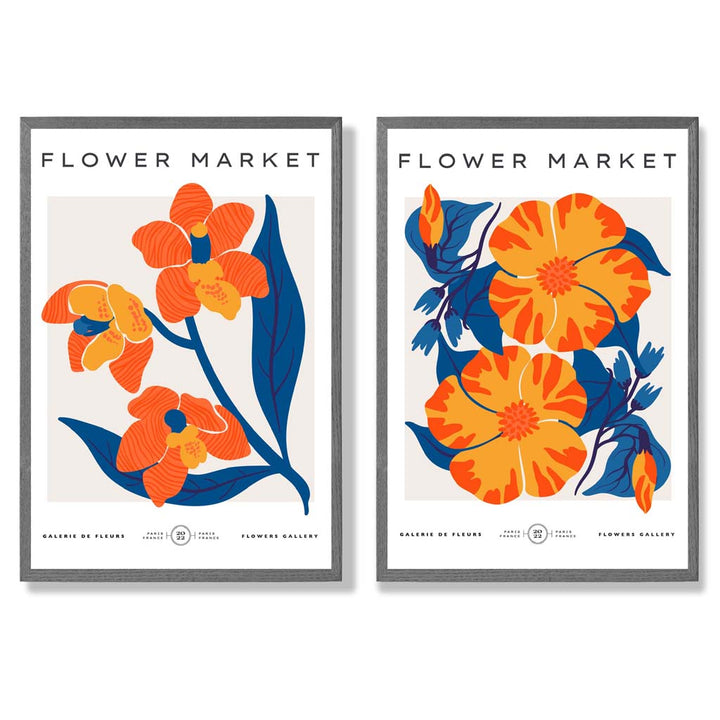 Set aus 2 gerahmten Kunstdrucken mit dem Motiv „Frühlingsblumenmarkt“ in leuchtendem Orange und Blau