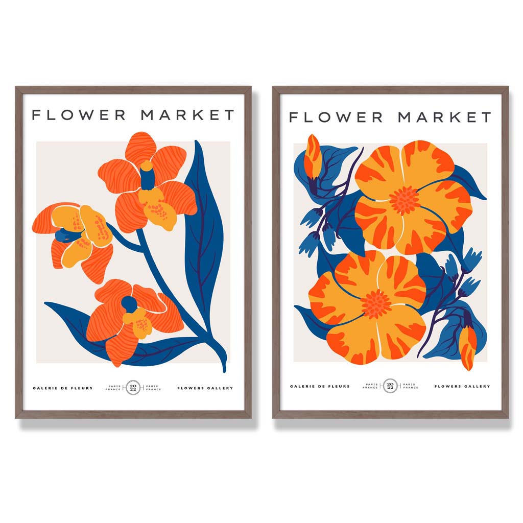 Set aus 2 gerahmten Kunstdrucken mit dem Motiv „Frühlingsblumenmarkt“ in leuchtendem Orange und Blau