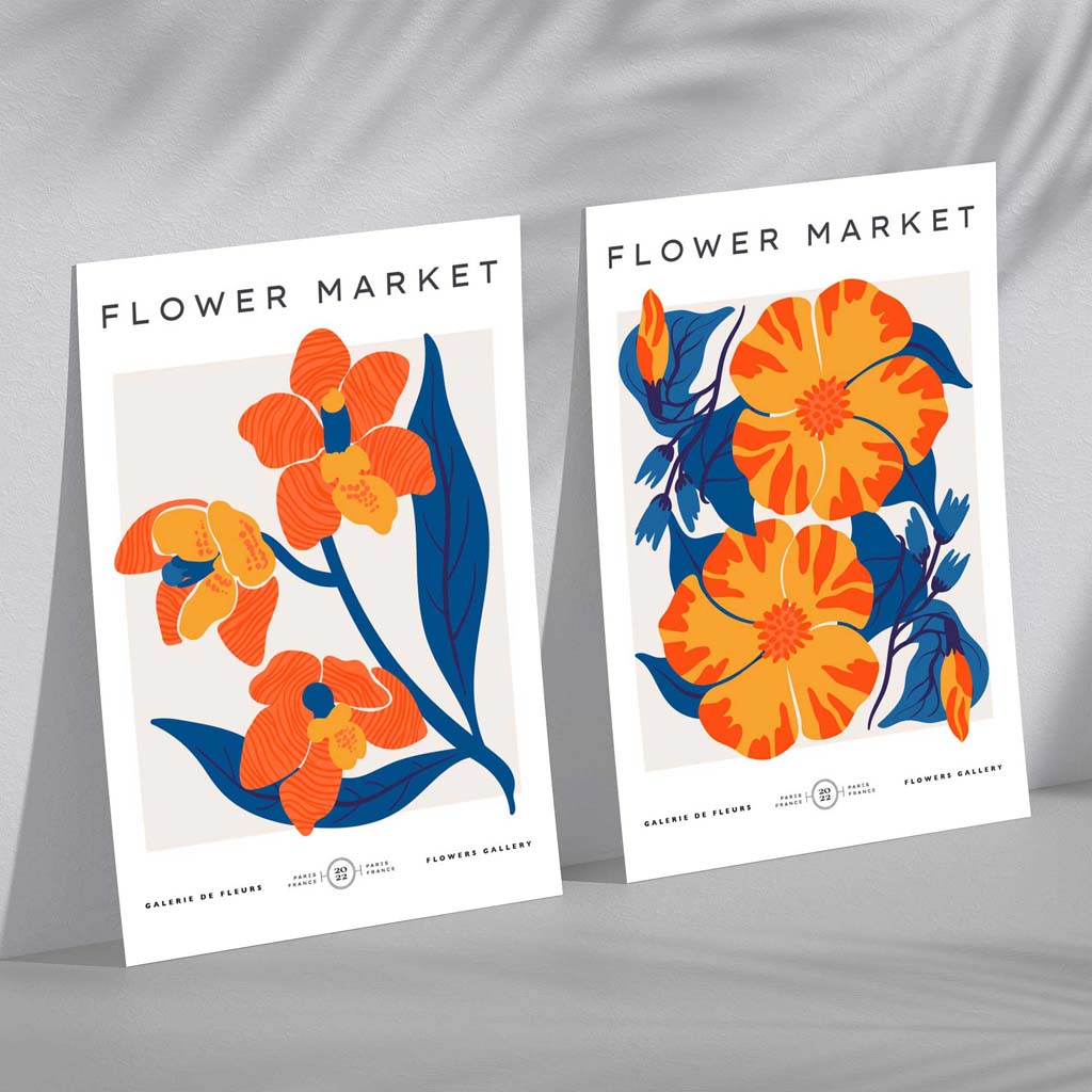 Set aus 2 Kunstdrucken mit Motiven eines Frühlingsblumenmarktes in leuchtendem Orange und Blau