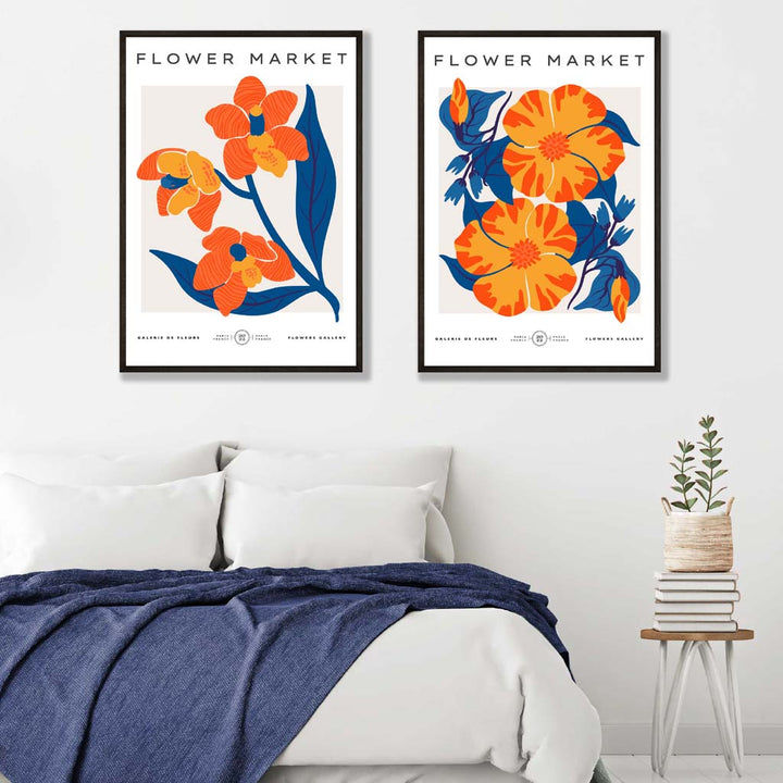 Set aus 2 Kunstdrucken mit Motiven eines Frühlingsblumenmarktes in leuchtendem Orange und Blau