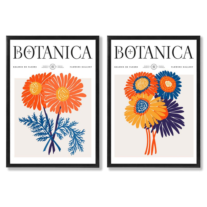 Set aus 2 gerahmten Kunstdrucken mit leuchtend orangefarbenen und blauen Motiven eines Sommerblumenmarktes