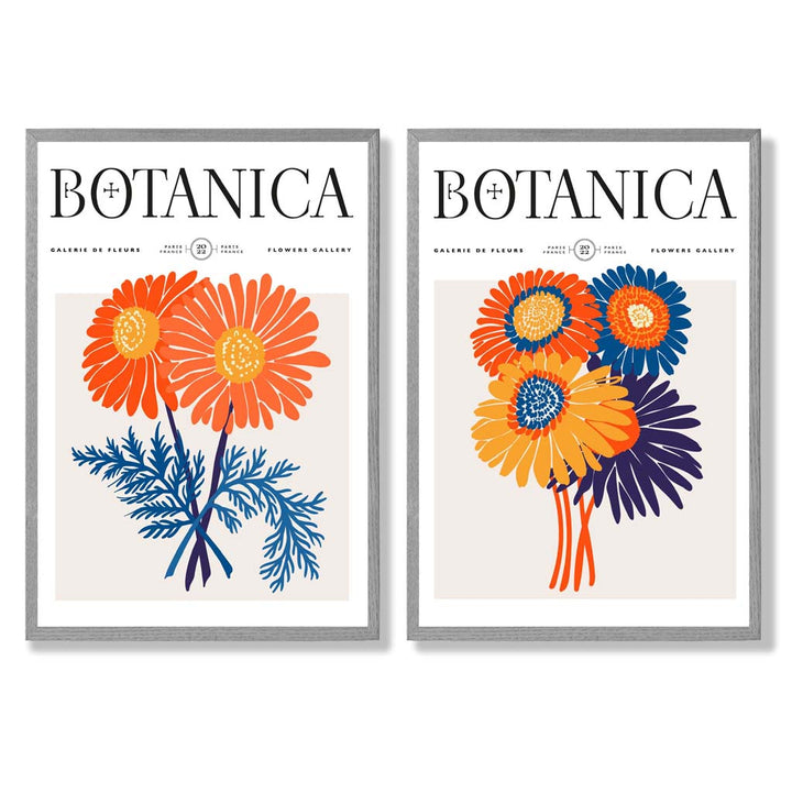 Set aus 2 gerahmten Kunstdrucken mit leuchtend orangefarbenen und blauen Motiven eines Sommerblumenmarktes