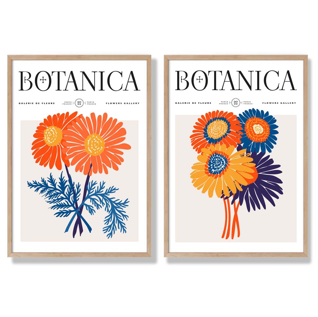 Set aus 2 gerahmten Kunstdrucken mit leuchtend orangefarbenen und blauen Motiven eines Sommerblumenmarktes