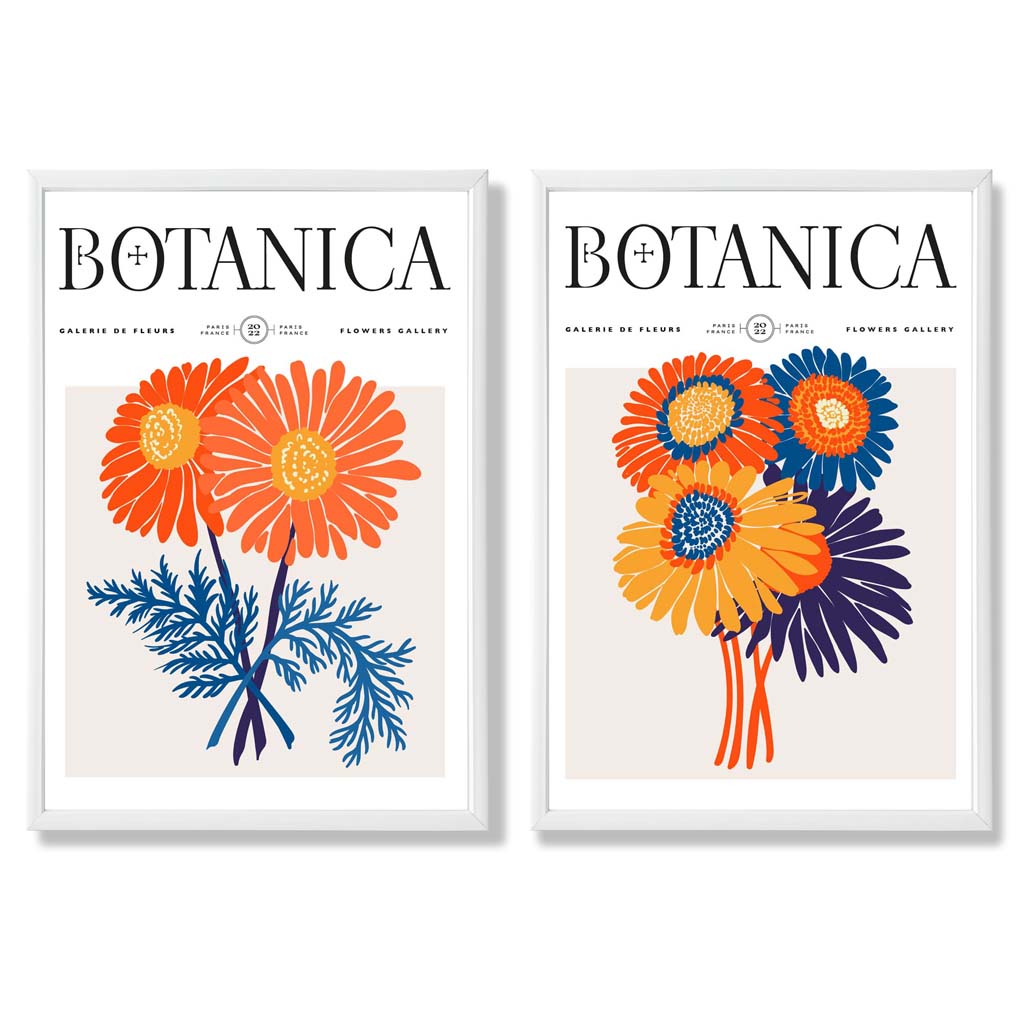 Set aus 2 gerahmten Kunstdrucken mit leuchtend orangefarbenen und blauen Motiven eines Sommerblumenmarktes