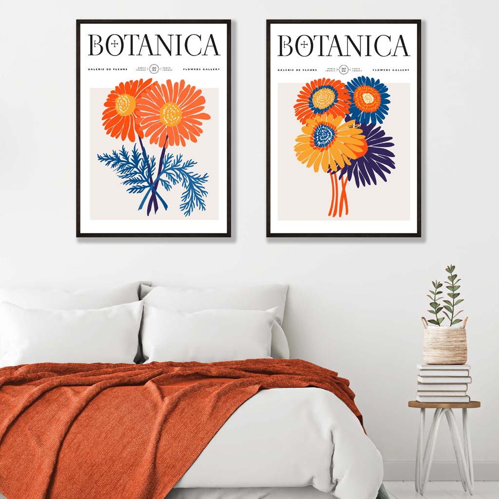 Set aus 2 gerahmten Kunstdrucken mit leuchtend orangefarbenen und blauen Motiven eines Sommerblumenmarktes