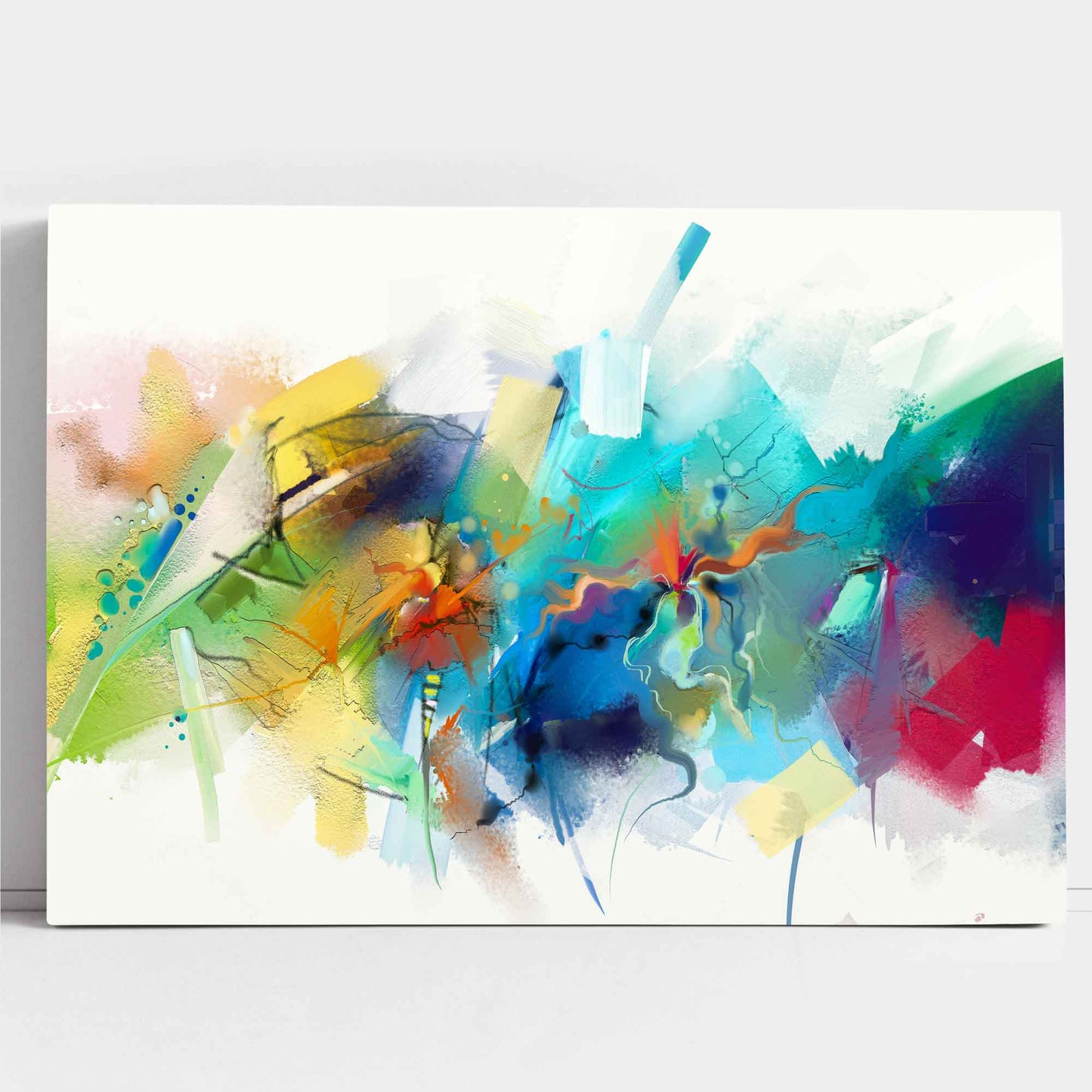 Abstrakter, farbenfroher Kunstdruck auf Leinwand in Rosa, Blau und Gelb