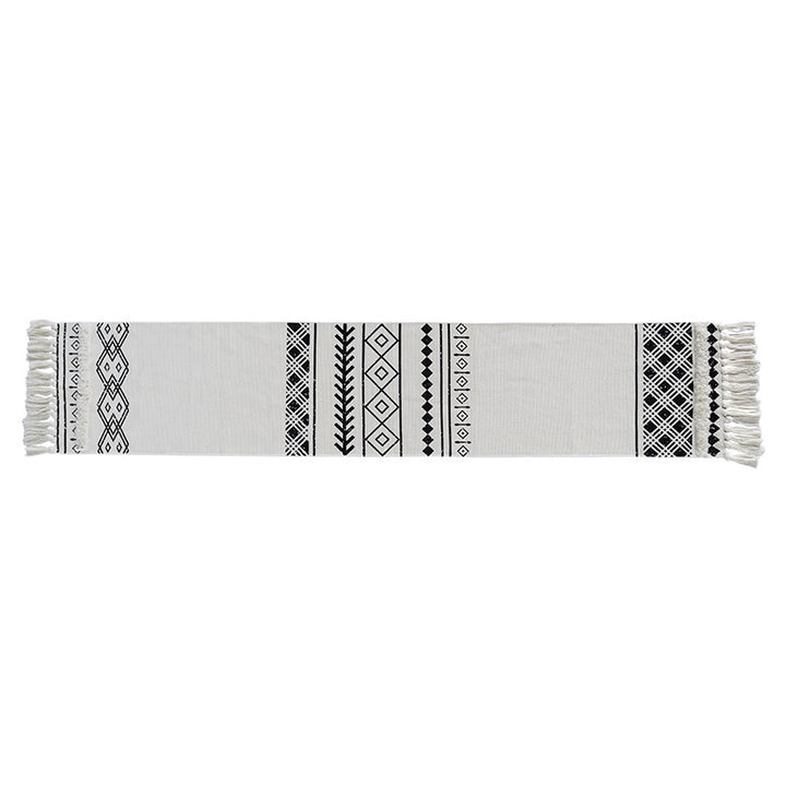 Boho-Tischläufer aus Baumwollmix mit gewebtem Ethno-Jacquard und dekorativen Fransen Karnz