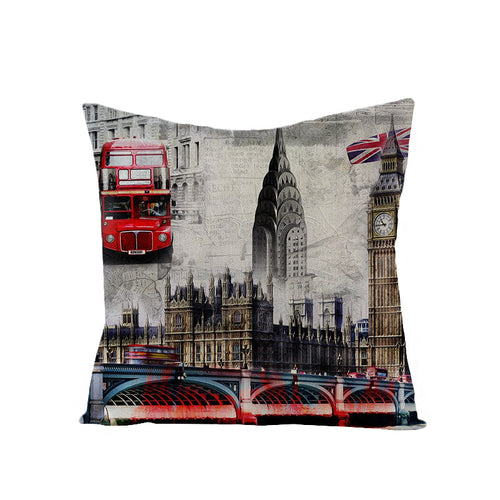 Dekorativer Baumwoll-Leinen Kissenbezug mit Londoner Wahrzeichen Collage Druck