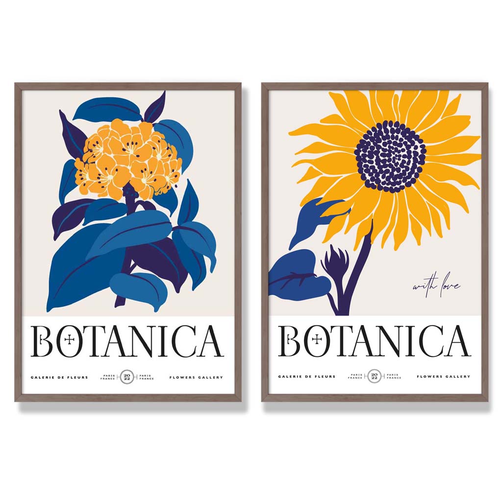 Set aus 2 gerahmten Kunstdrucken mit blau-gelben Sonnenblumen