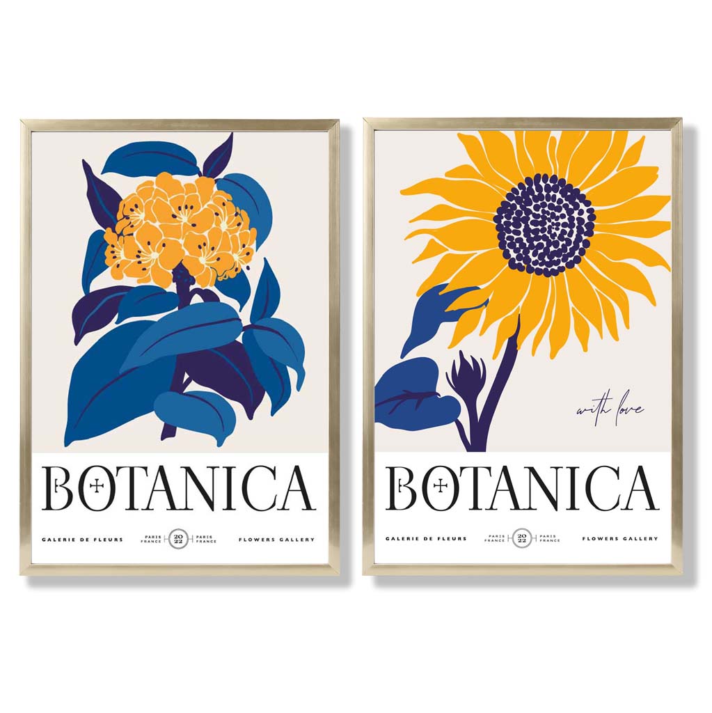Set aus 2 gerahmten Kunstdrucken mit blau-gelben Sonnenblumen